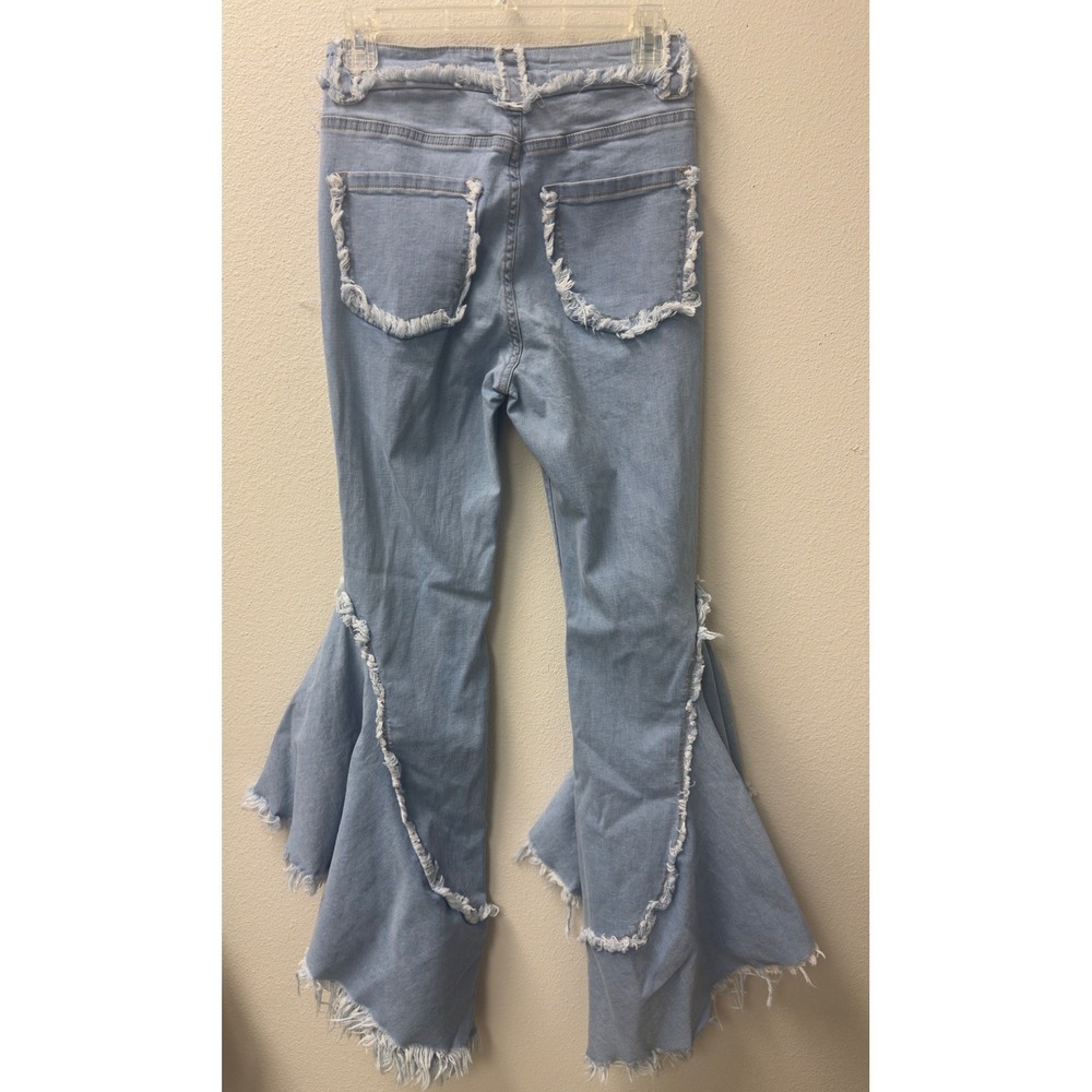 Unbranded Ruffle Flare Jeans Womens 28 Light Blue Frayed Avant Garde Boho Chic - Picture 4 of 9